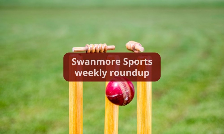 Image shows a cricket ball knocking the bails off the stumps and the text Swanmore Sports weekly roundup